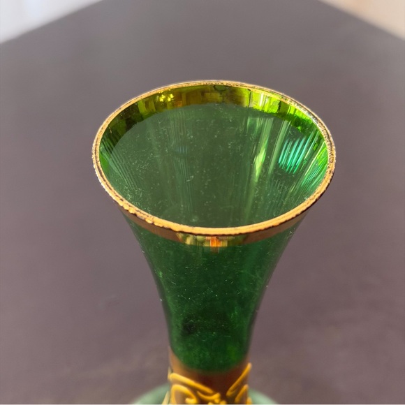 Vintage Emerald Green Glass Vase Gold Rim Hand Painted Flowers Czech Bohemian - Picture 14 of 14